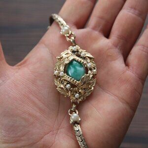 Suffragette Style Bracelet with Green Cabachon & Seed Pearls